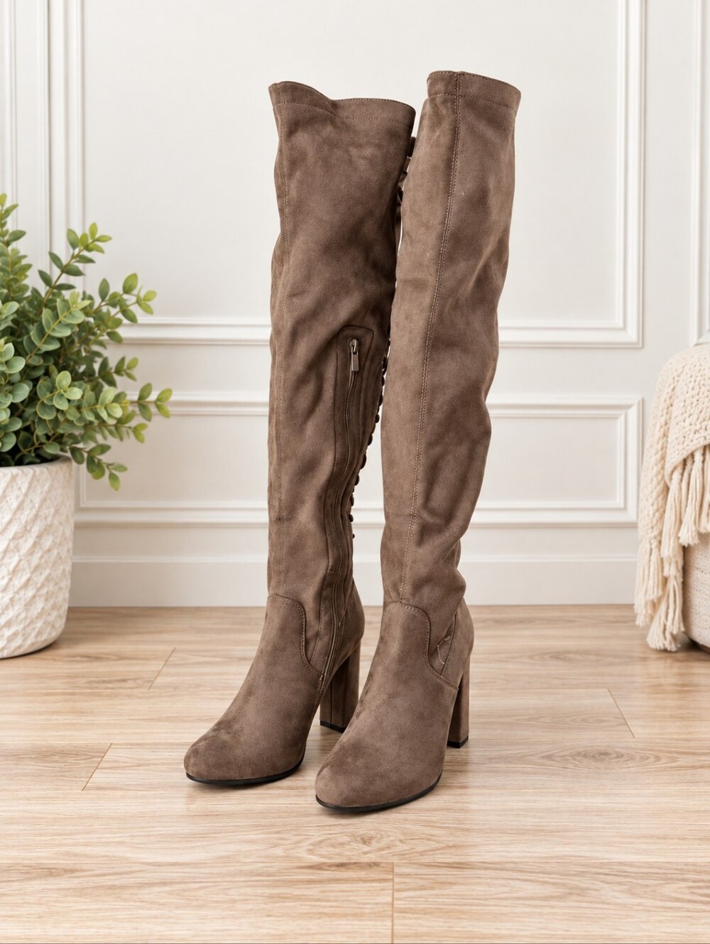 Top Moda Taupe Over-the-Knee Lace Up Block Heel Boots Women’s Size 7.5